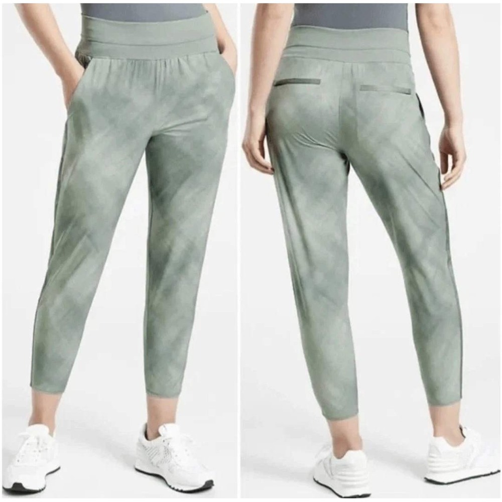 Athleta Nolita Printed Tapered Pants Grey Green Crosshatch Joggers Womens 8 EUC